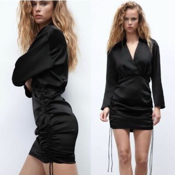 NWT Zara Sexy Black Ruched NYC Dress Size Small Sexy Fitted Cocktail Night Out - Picture 9 of 13